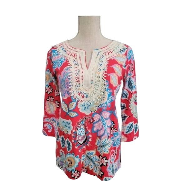 Talbots Red Paisley Tunic Top With Neckline Appliqué Details XL Boho Preppy - Picture 11 of 11